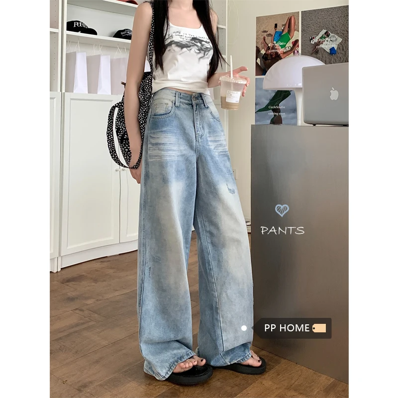 

Women's Blue Y2k Jeans Harajuku Japanese 2000s Style Aesthetic Baggy Denim Trousers Oversize Jean Pants Vintage Trashy Clothes