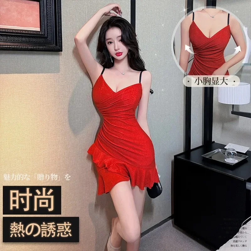 

Christmas 2024 Women Sexy Low Cut V-neck Ruffle Desire Dress Hot Outfit Girls Office Secretary Red Tops Dress Night Club Outfit