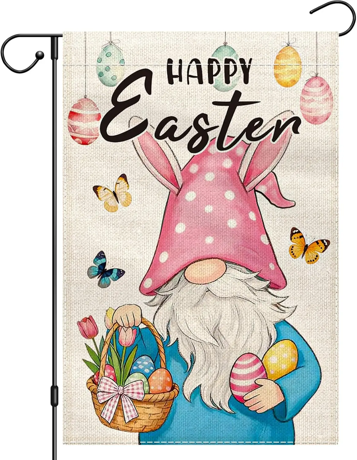 Happy Easter Gnome Garden Flag 12x18 Inch Double Sided, Rabbit Ears Eggs Garden Flags for Holiday Decor, Small Yard Flag for PPM