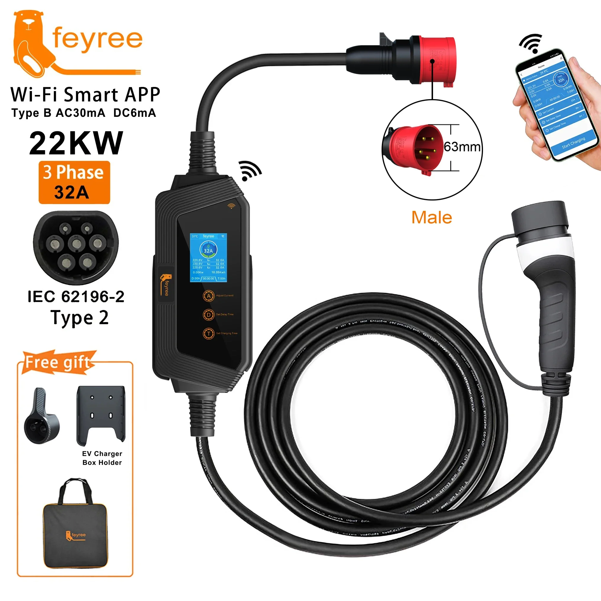 feyree 22KW 32A 3Phase Type2 Przenośna ładowarka EV Wi-Fi APP Control EVSE Charging Box Stacja ładująca do ładowarki samochodowej elektrycznej
