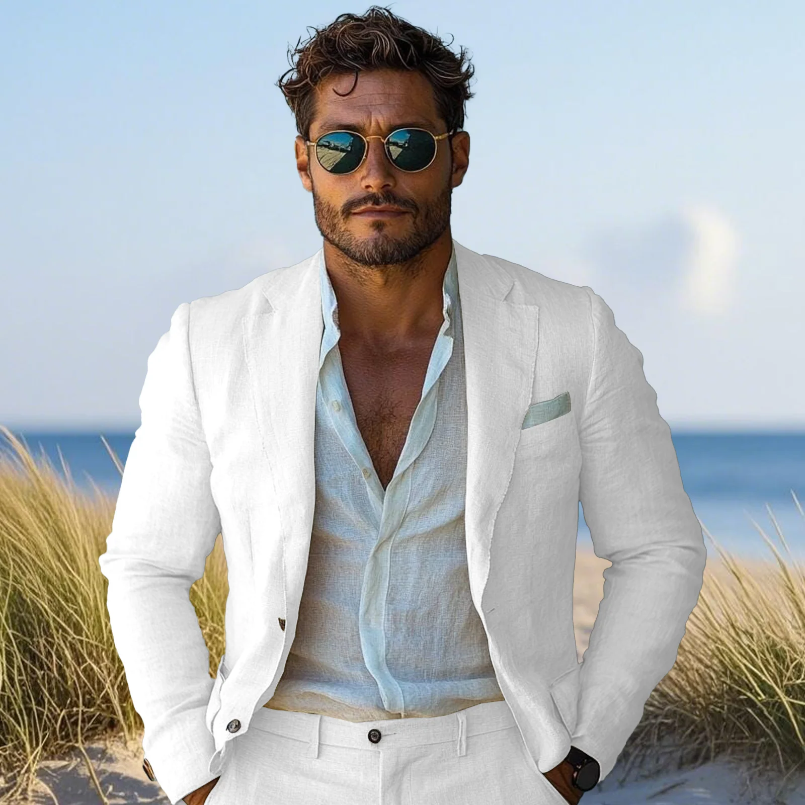 

Beach Summer Linen Suit for Men Slim Fit Blazer with Pants Man 2 Piece Outfit Set Casual Trajes De Hombre Costume Homme