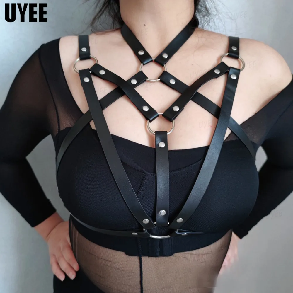 

UYEE Leather Lingerie Chest Harness BDSM Reticulate Bondage Lover Body Belt Fetish Wear Women Garter Braces Rave Gothic Clothing