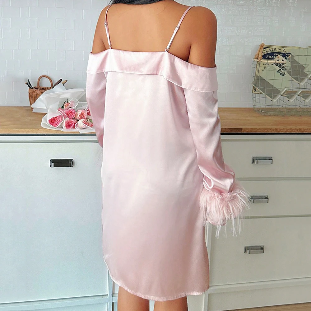 Hot Selling Styles Halter Feathers Elegant Evening Sexy Cute Nightgown Pink Girl Satin Dress Night Womens Sleepwear Summer Dress