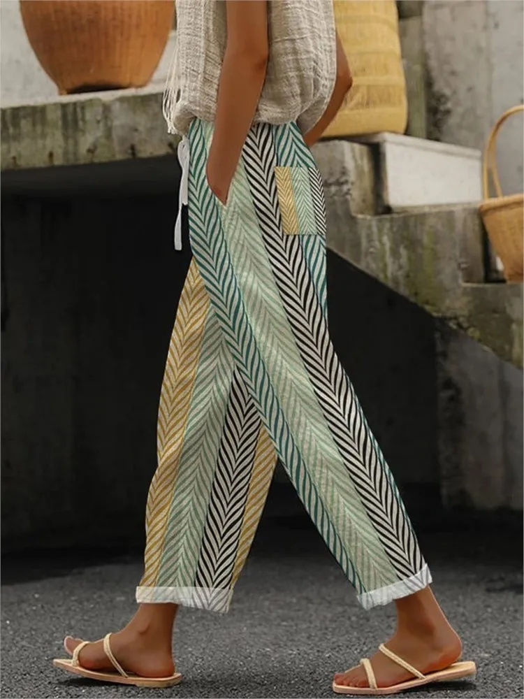 Damskie spodnie do kostki z nadrukiem w stylu casual, modne spodnie proste z średnim stanem, damskie ubrania wakacyjne w stylu boho na plażę, nowość na wiosnę.