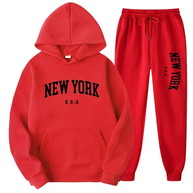 Men Women New York U.S.A City Hoodies Sets Fashion Letter Printed Graphic Sweatshirts Loose Casual Harajuku Hooded+Pants Pullove