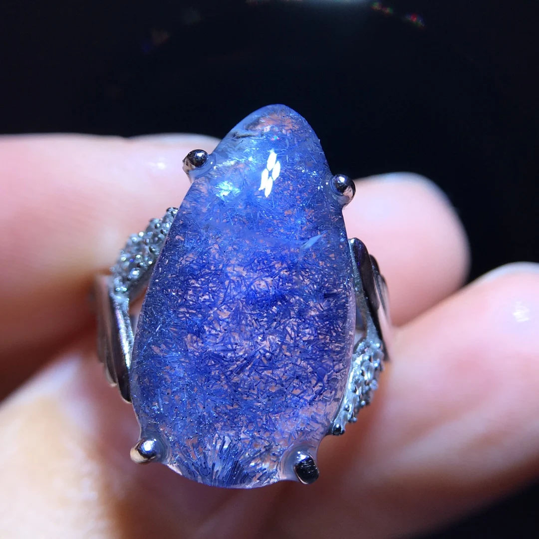 

Natural Blue Rutilated Dumortierite Quartz Adjustable Ring 19.4/10.7mm Woman Men Ring Jewelry AAAAAAA