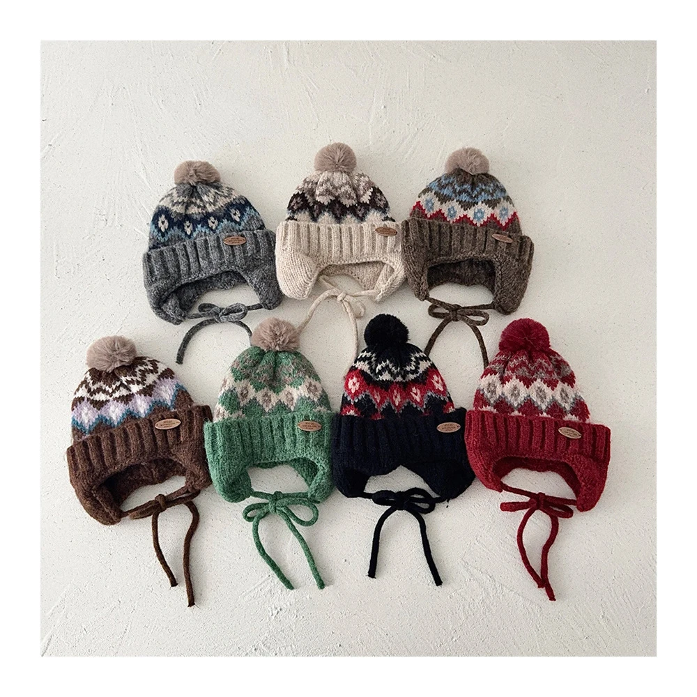 

Зимняя детская вязаная шапка с цветными блоками и ромбовидной сеткой, детская шапка Lei Feng, теплая шапка с флисовой подкладкой для девочек