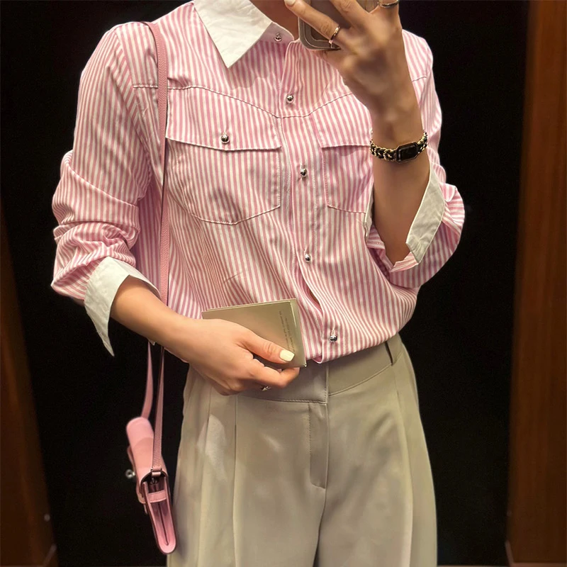 

Fashion Chic Women Striped Shirt Spring Long Sleeve Korean Casual Ol Shirts Patchwork All Match Female Tops New