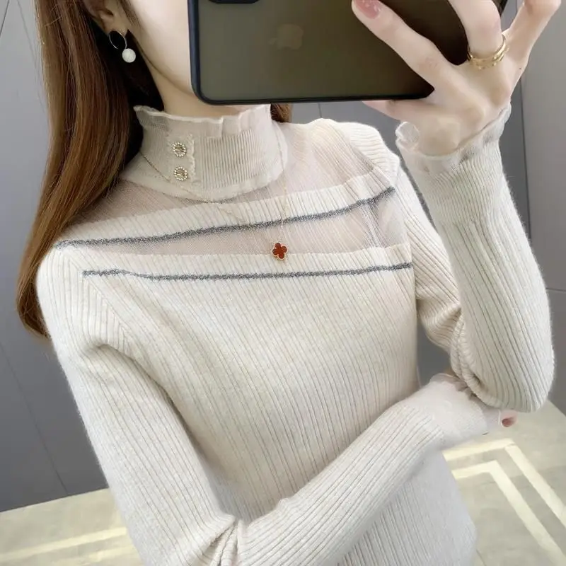 

Fashion Knitted Button Spliced Gauze Blouses Women's Clothing 2023 Autumn Winter Loose Elegant Tops Princess Sleeve Shirts