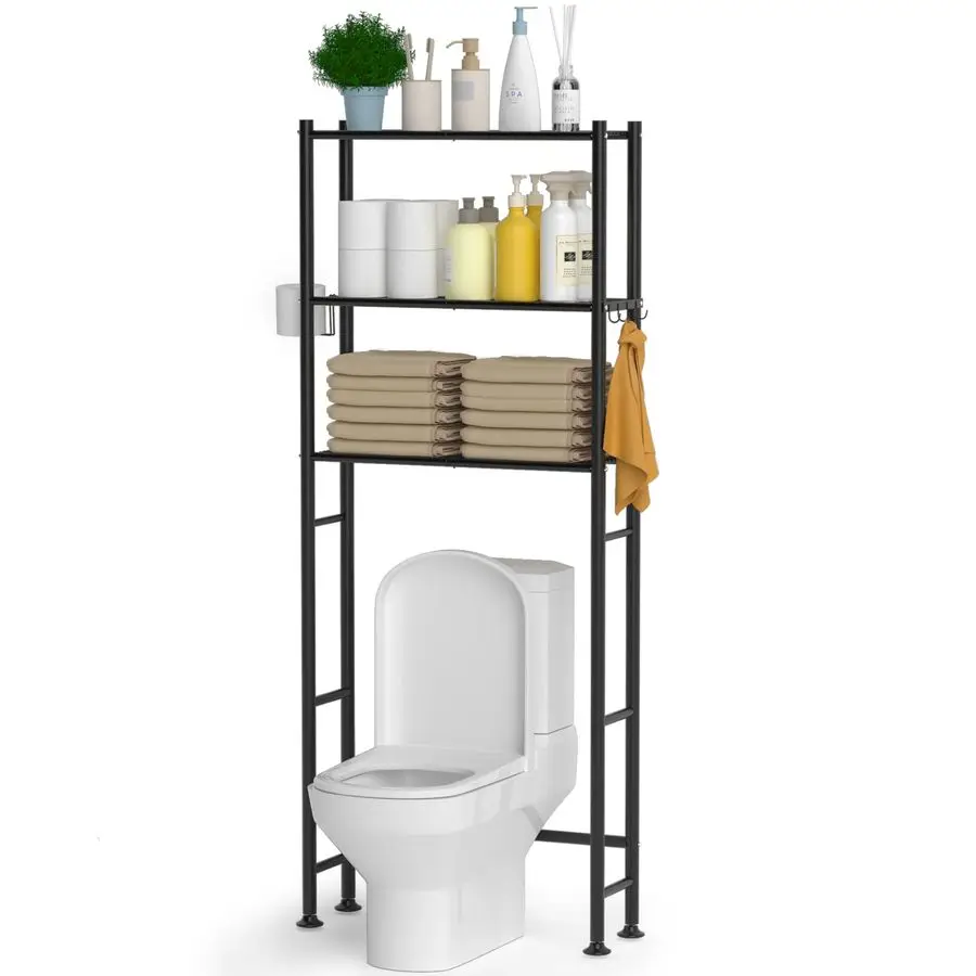 

3Tier Over The Toilet Storage Cabinet with Paper Holder and 4 Hooks, Metal Over Toilet Bathroom Organizer and Storage Shelf, Bat
