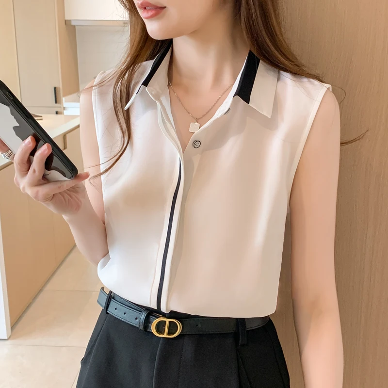 White Shirt Tank Tops Blouse for Women Summer Fashion Shirts and Blouses Basic OL Sleeveless Womens Tops Chiffon Female Clothing