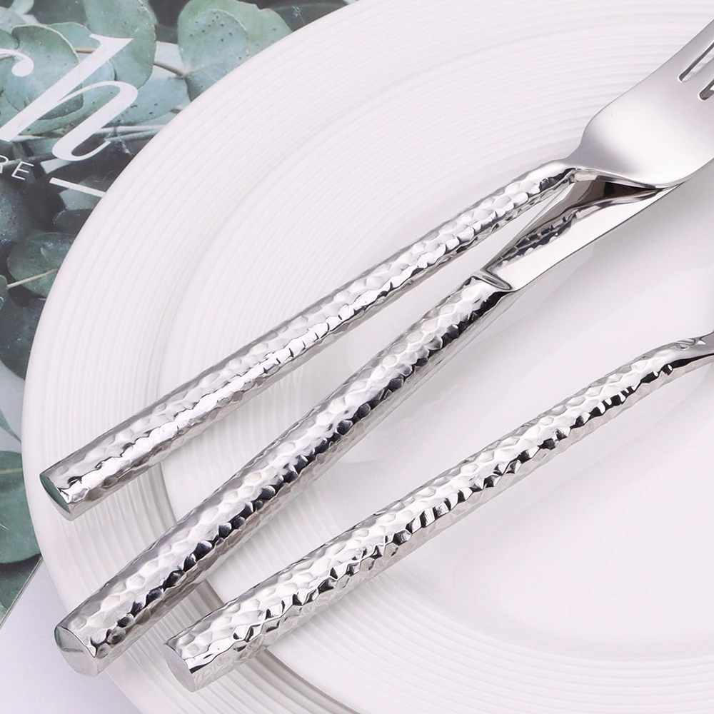 6/12/15Pcs Sliver Heavy Cutlery Stainless Steel 304 Tableware Western Dinner Set Mirror Hammer Pattern Handle Knife Fork Spoon