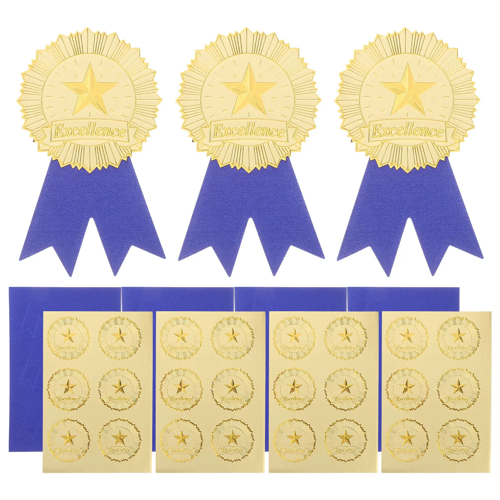 

36 Sets Certificate Accessories Gold Star Stickers Blue Ribbon Seals Reward Diplomas Medals Graduation Supplies Event Awards
