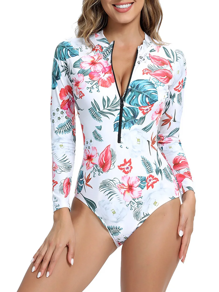 

2026 Floral Printed Long Sleeve Surfing Swimsuit With Zipper Women Swimwear Female Bathers Bathing Swimming Swim Suit Beachwear