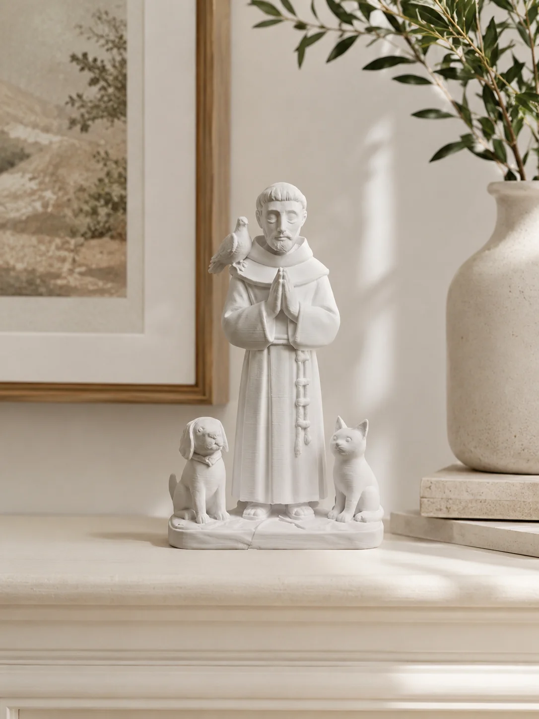 3D Printed Religious Saint Statue with Animals White Christian Figurine Prayer Altar Home Decor Spiritual Gift