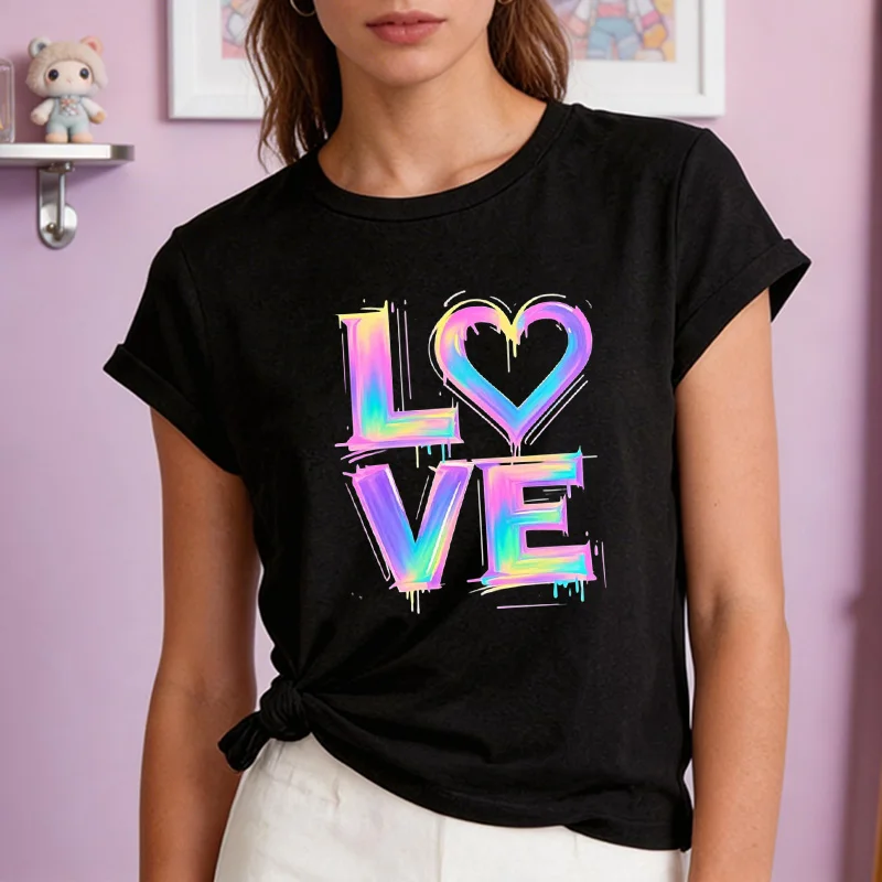 Buntes Buchstaben-Liebes-Print Damen Y2K T-Shirts Tops Lässiges Grafik-T-Shirt Mode Rundhals-T-Shirt Koreanischer Stil T-Shirt Kleidung