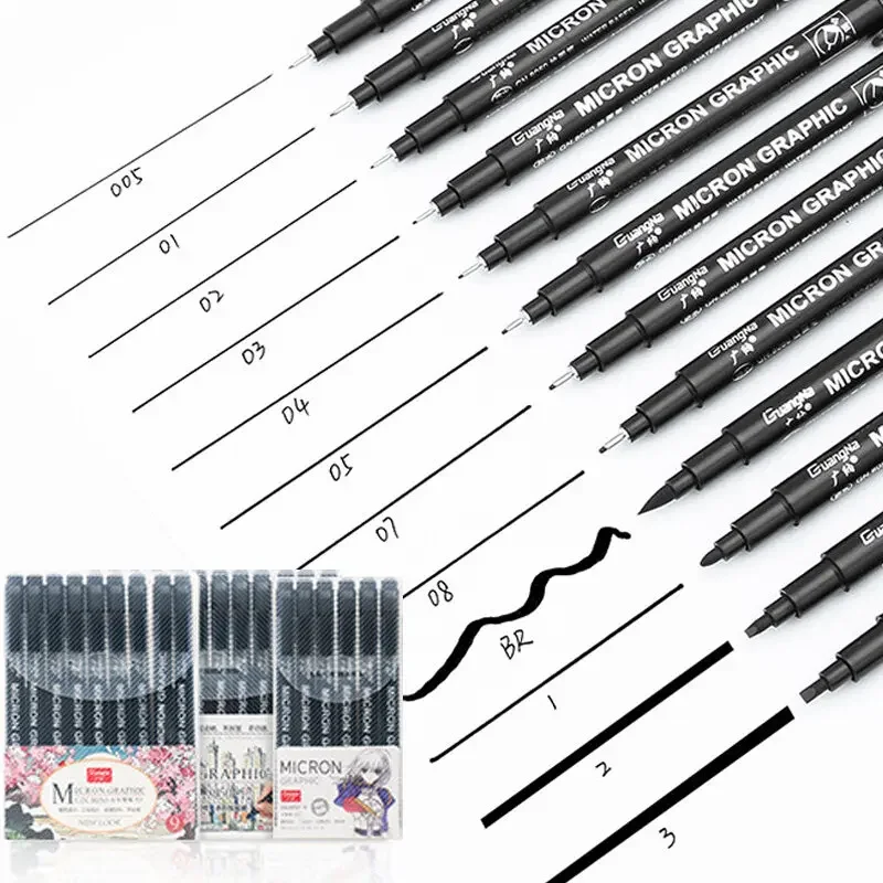 6/9/12 Black Micron Fineliner Pen Set Waterproof Sketching Drawing Writing Hook Line Brush Tip Needle Point for Art Design Work