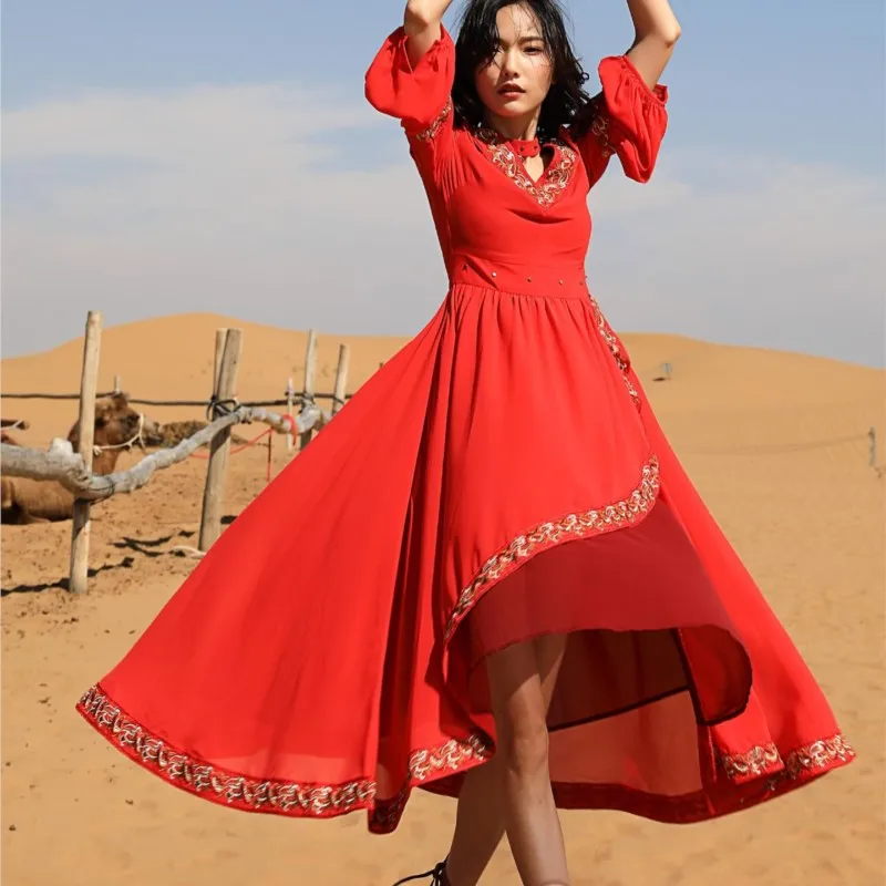 

Red Vintage Ethnic Beach Long Dress Women Long Sleeve Bohemian Embroidery V-neck Vacation Maxi Dresses Solid Casual Vestidos