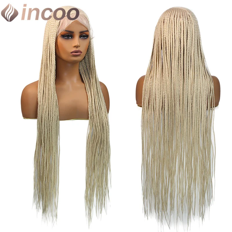 Wig kepang Corncow 36 inci dengan belahan samping, kepang kotak tanpa simpul, rambut sintetis full lace wig untuk wanita kulit hitam