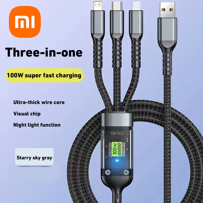 Xiaomi 100W 3 In 1 Super Fast Charge Cable Transparent Luminous Super Fast Charge Type C USB Cable Multi Extension For  Android