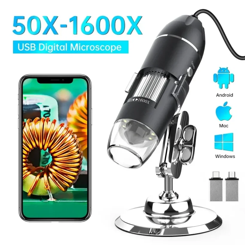 

1600X USB Microscope 1080P HD Soldering Microscope with 8LEDs Compatible with Android, Mac, Windows (X4)