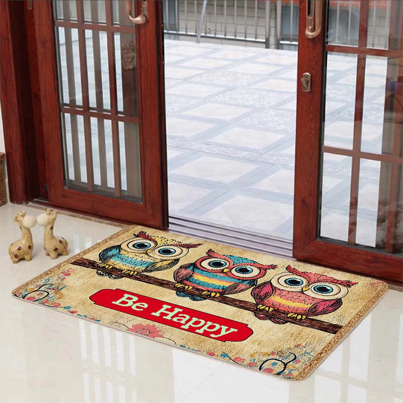 Cartoon Three Owls Happy Non-Slip Floor Mat Soft Comfortable Decorative Rug for Kitchen Bathroom Living Room Bedroom Entrance