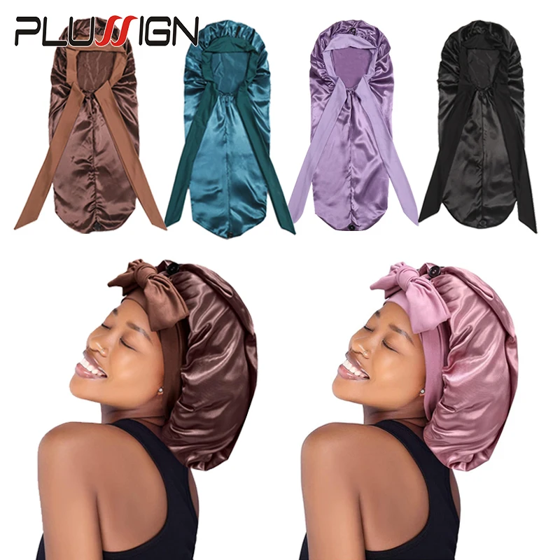 

3Pcs Long Satin Bonnet Sleep Cap With Soft Elastic Tie For Braids Dreadlocks Curly Hair Silky Night Hair Caps For Women Girl