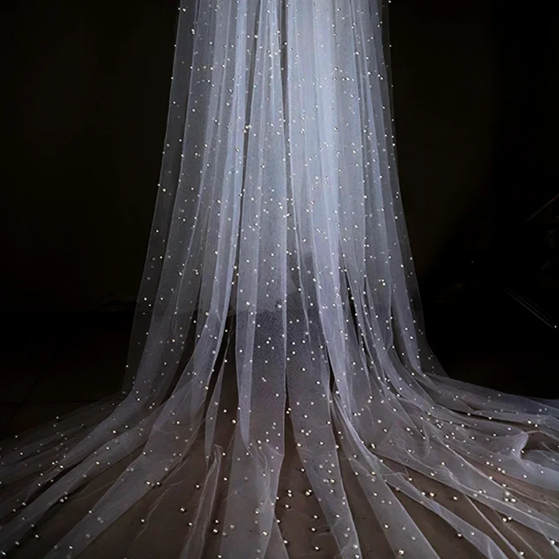 

New 3 Meters Wide Pearl Beaded Gauze Fabric Diy Wedding Dress Veil Fabric