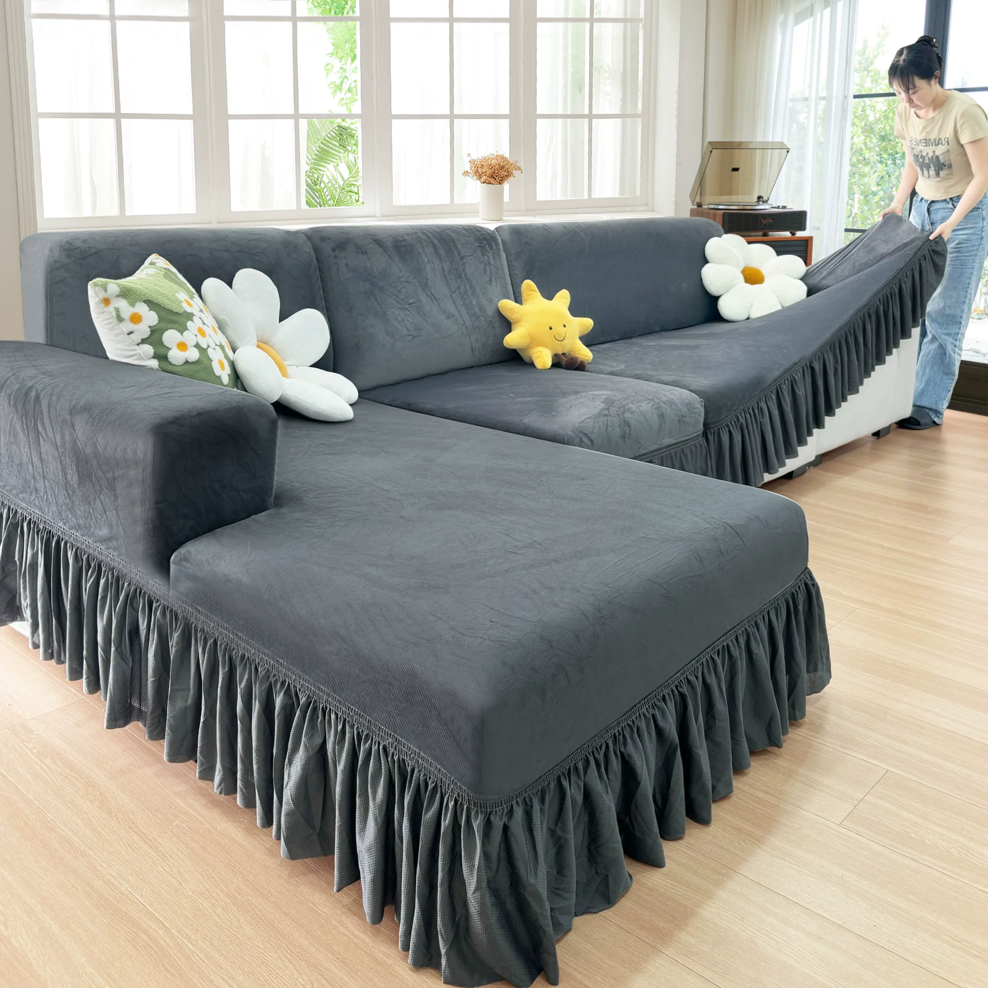 Housse de canapé en velours extensible, housse de canapé coussin avec jupe, Durable, lavable et extensible, protection facile à installer pour animaux de compagnie