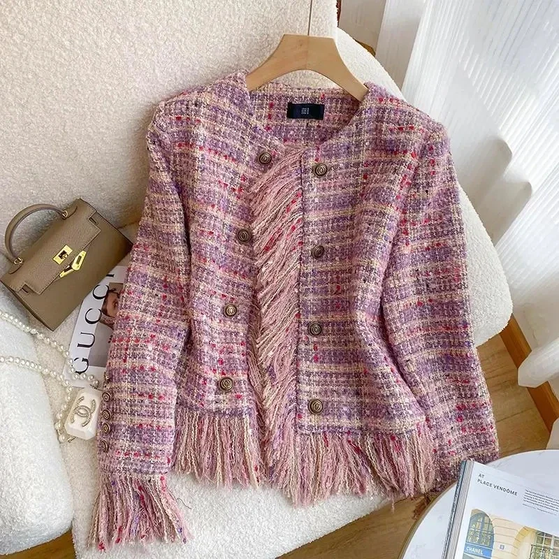 

Pink Tassel Fragrant Tweed Suit Coat Female Autumn Winter 2024 New Thickened Retro Double-Breasted Women Blazers Q87