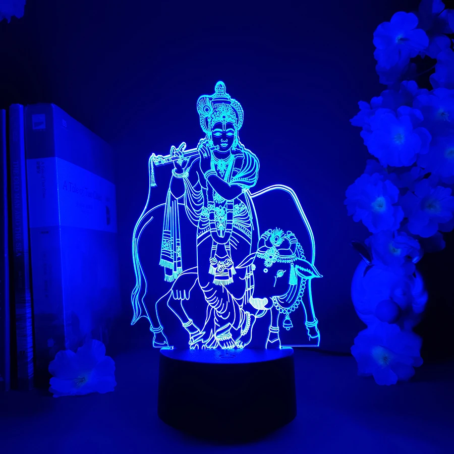 Lord Krishna With Cow LED Acrylic Lamp Colorful Table Decoration Religious Hindu Gods 3D Nightlight Bedroom Desktop Gadgets