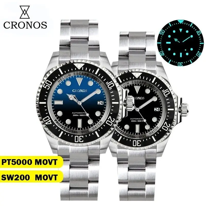 CRONOS L6027 DSSD PT5000 SW200 Automatic Men Wrist Watch 2000M Diver BGW9 44mm Helium Valve 316L 200ATM