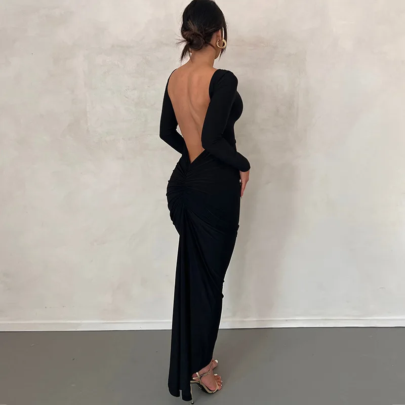 

SanShengSpring Elegant Long Sleeve Backless Solid Cuched Sexy Bodycon Maxi Prom Dress Women Outfit Evening Party Festival Y2Ktem
