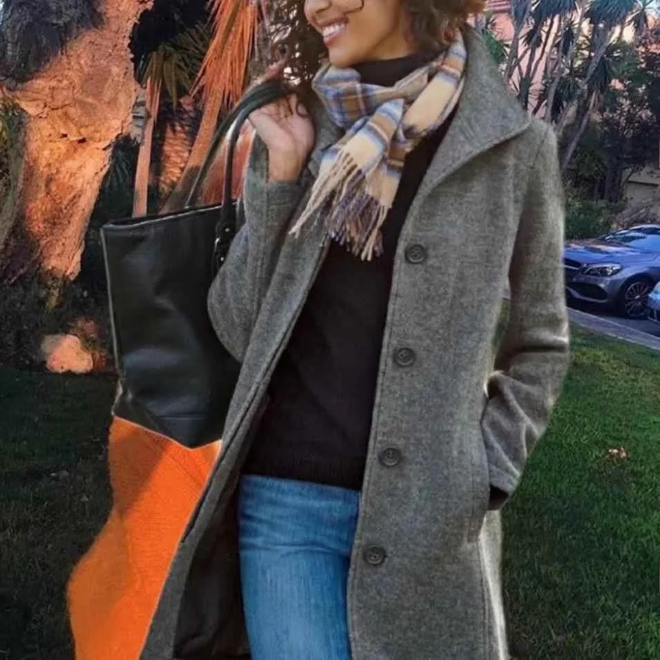 

Women's Thi Long Woolen Coat Autumn Winter Faion Ladies' Premium Quali Polyester Fiber Pure Color Casual Coat