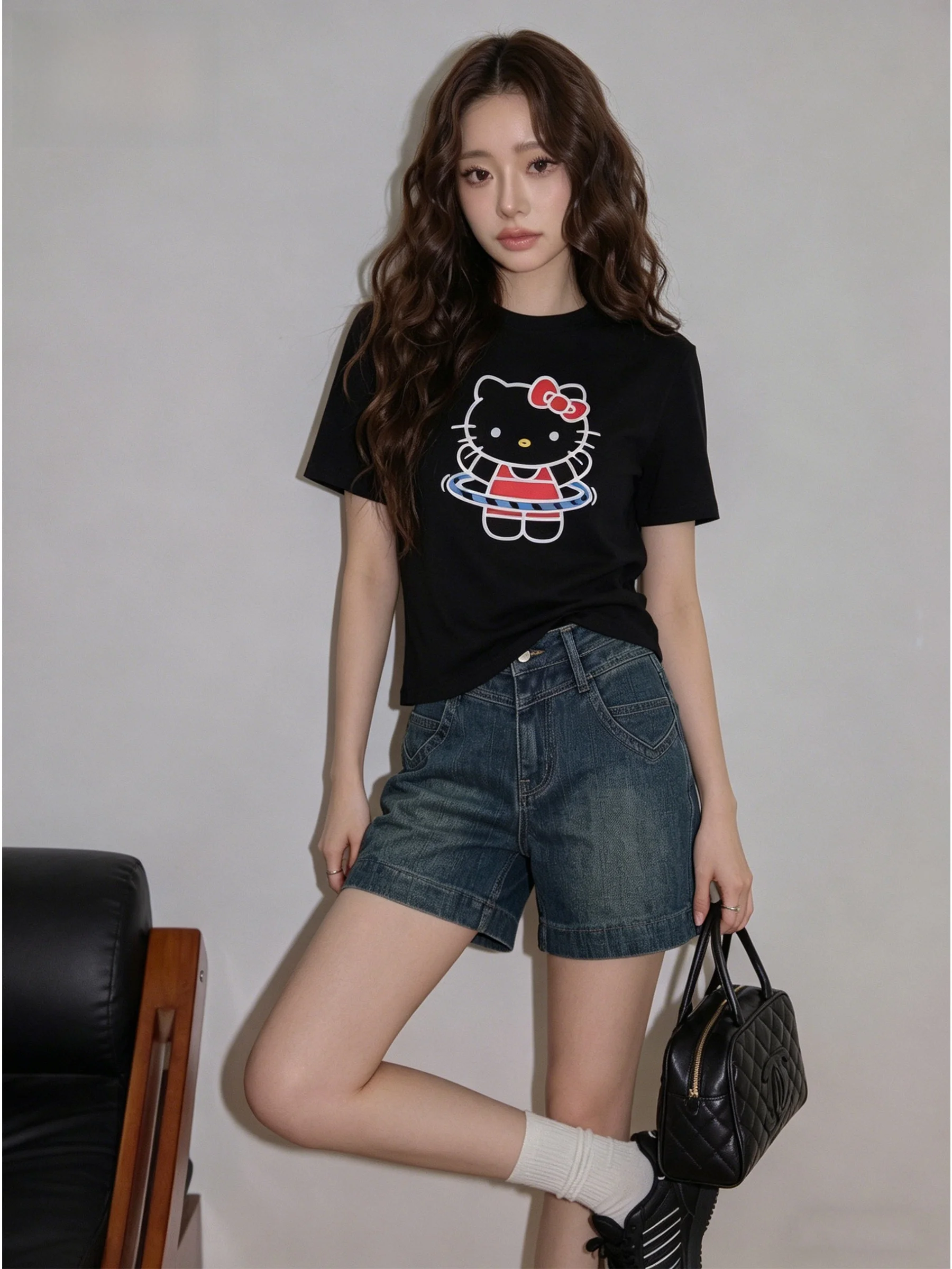 

American Style High Waist Loose Fit Women's Denim Shorts Summer Casual Straight Leg Jeans Small Size Fourths Middle Pants