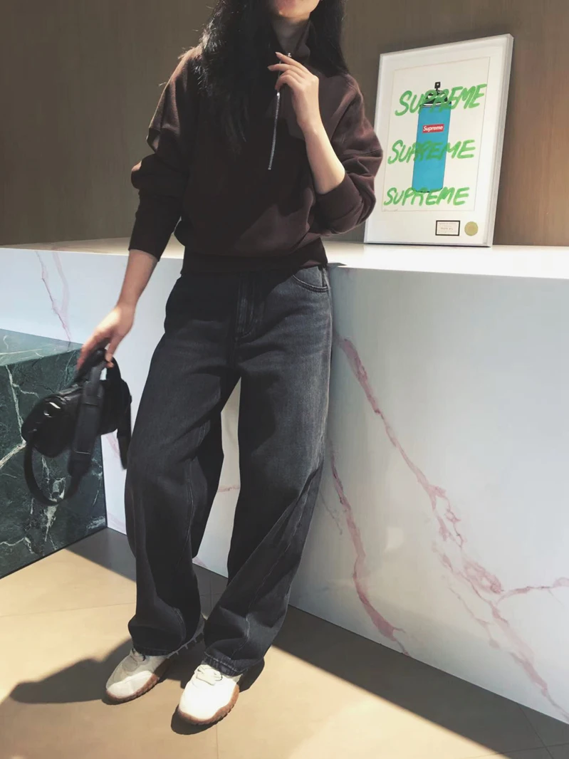 

Cuijia, повседневные винтажные хлопковые джинсы с текстурой в мелкую клетку, женские джинсы свободного кроя, осенний сезон, однотонные джинсы на молнии