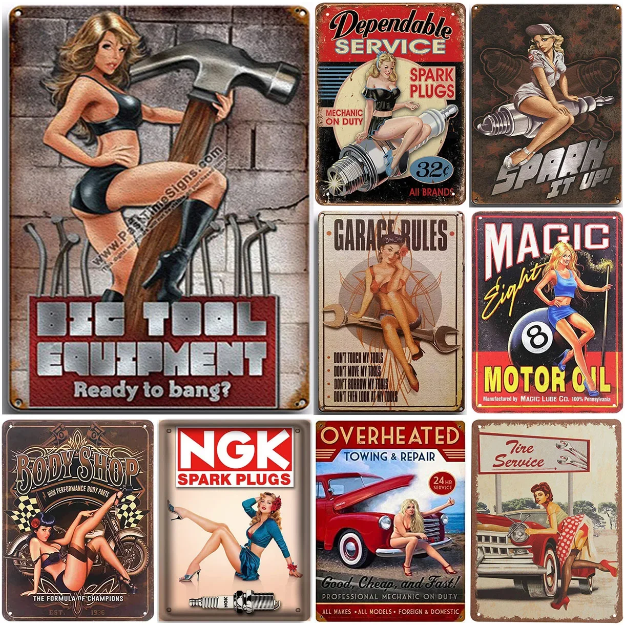 Pinup Girls Garage Metal Aluminum Signs Wall Art Posters Plaque Sign Vintage Decoration for Home Cafe Garage Club Bar