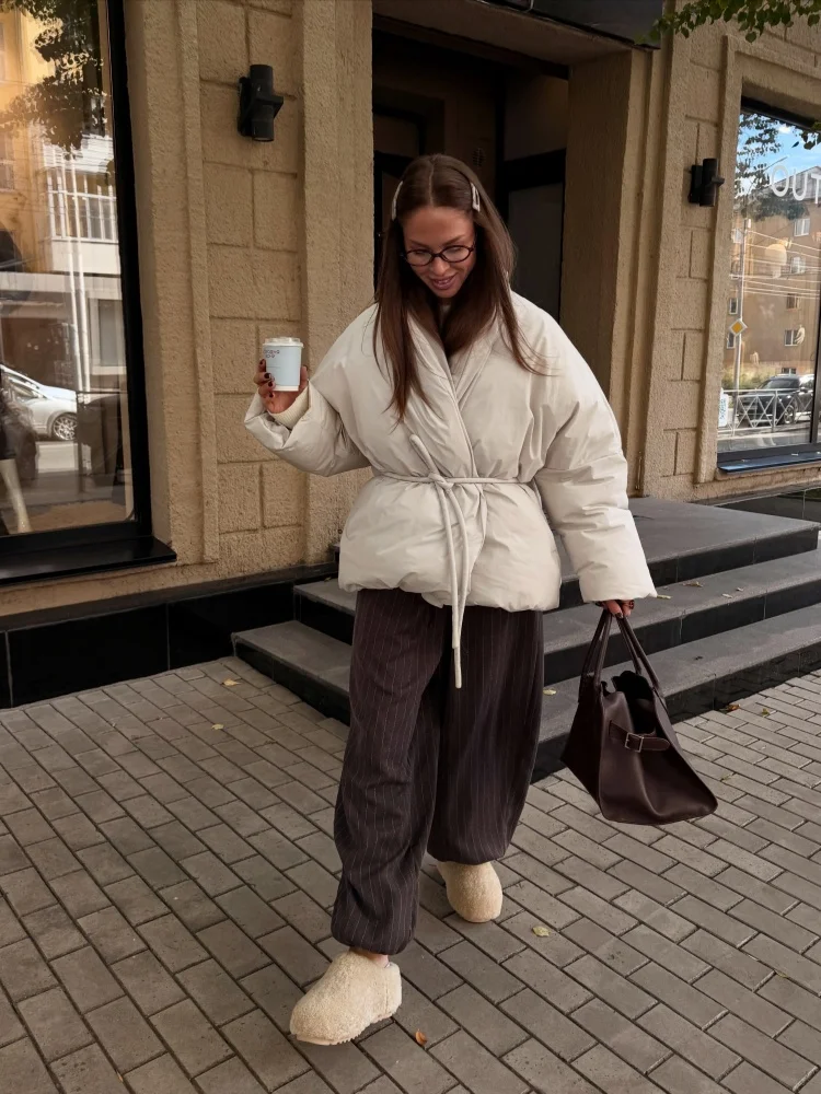 Women Wrap Belted Puffer Jacket Stand Collar Long Sleeve Loose Fit Coat 2026 New Warm Winter Casual Street Ladies Outerwear