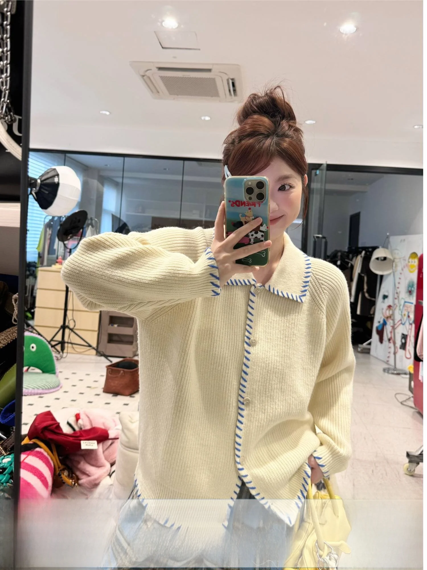 

Artistic Handmade Knitted Contrast Color Collar Top JINGU Cleanfit Long Sve Open Cardigan Sle Women's Faion Sweater