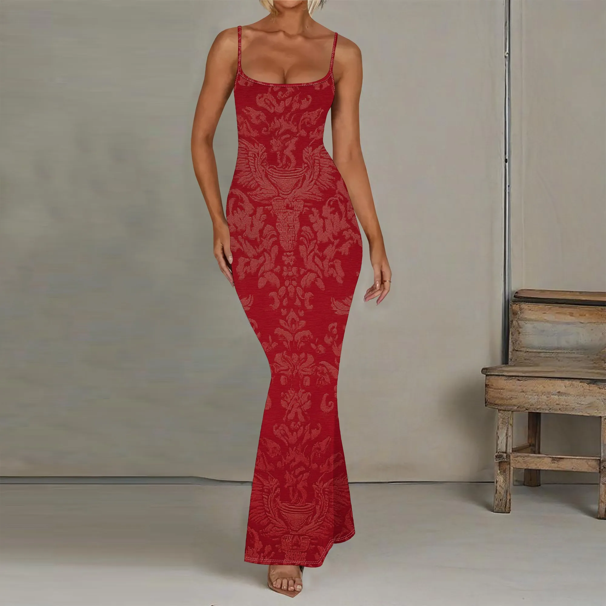 

Autumn Leaf Print Bodycon Maxi Dress for Women XS-3XL Fall Spaghetti Strap Slim Fit Thanksgiving Party Evening Outfit