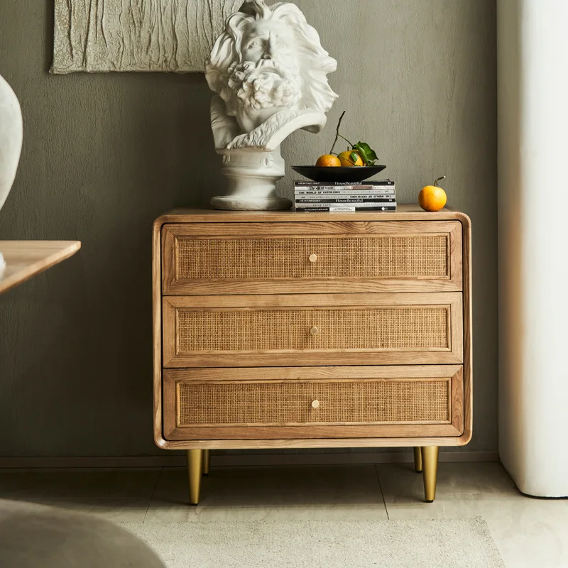 Nordic solid wood chest of drawers simple modern locker bedroom multifunctional bedside table rattan storage cabinet B&B.