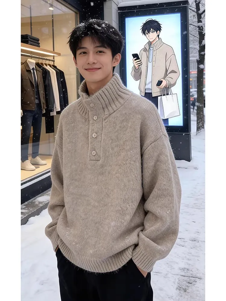 

Loose Fit High Ne Knitwear Men's Sle Casual Comfortable Sweater Trendy Base Layer Top for Autumn Winter Streetwear