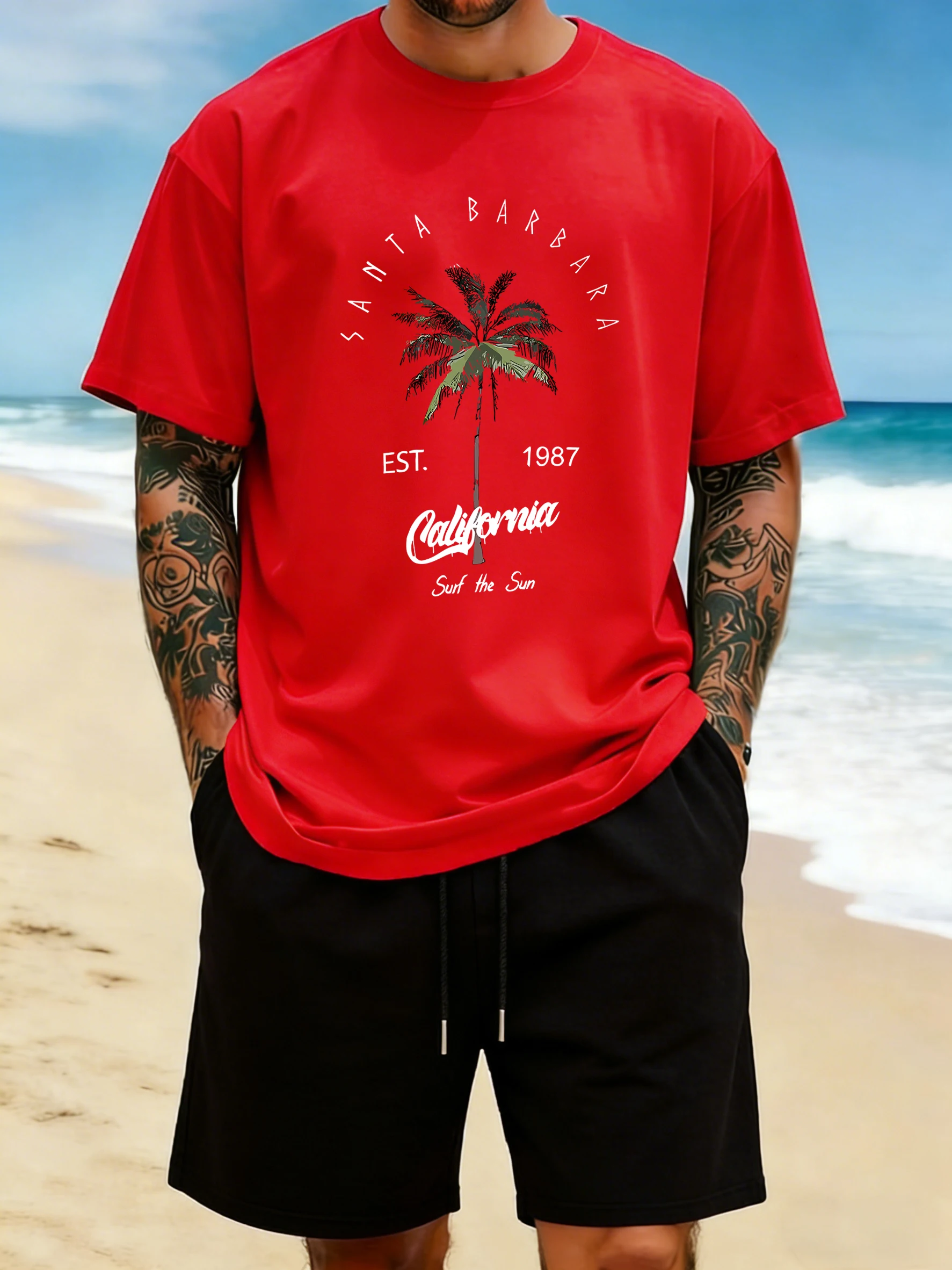 Camiseta masculina galafonia com estampa de palmeira de coco santa barbara, camiseta de verão com gola redonda, casual, hip hop, algodão, streetwear