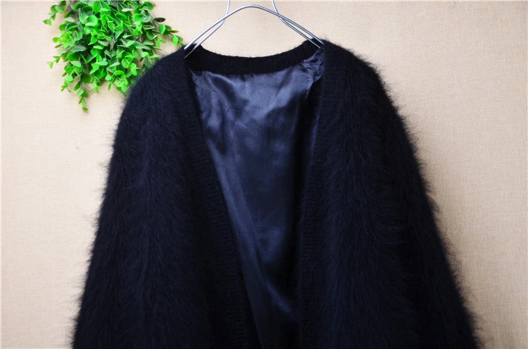 Female Women Fall Winter Clothing Thick Warm Black Hairy Mink Cashmere Knitted Long Sleeves Loose Cardigan Angora Sweater Jacket