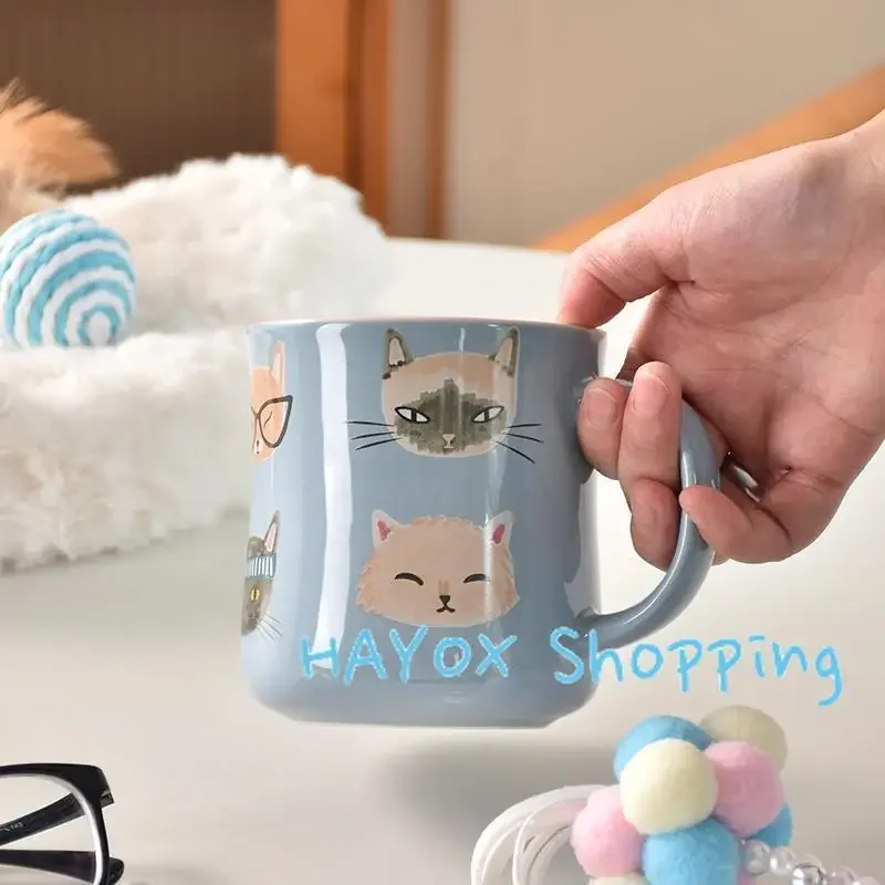Cartoon Cat Ceramic Coffee Cup，blue Pink Color Contrast Hand-painted Tea Mug，Home Office Kitchen Bar Creative Gift
