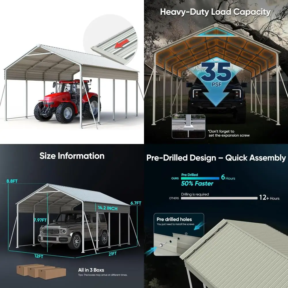 

Прочный металлический карпорт с вертикальной крышей 12x21 футов для всепогодной защиты транспортных средств, лодок и фермерского оборудования.