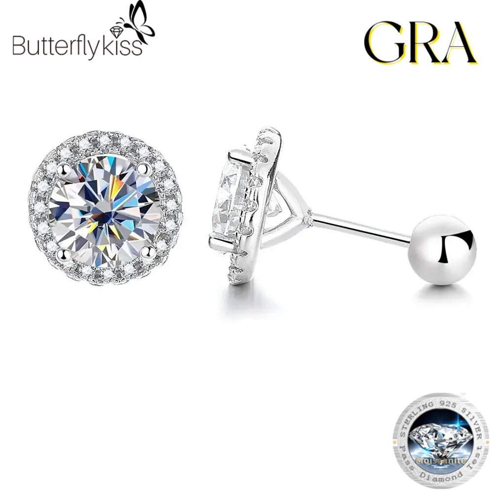 

Модные круглые серьги-гвинты с муассанитом Butterflykiss 0,3-1 карата для женщин, свадебные ювелирные изделия, серьги с бриллиантами из стерлингового серебра S925