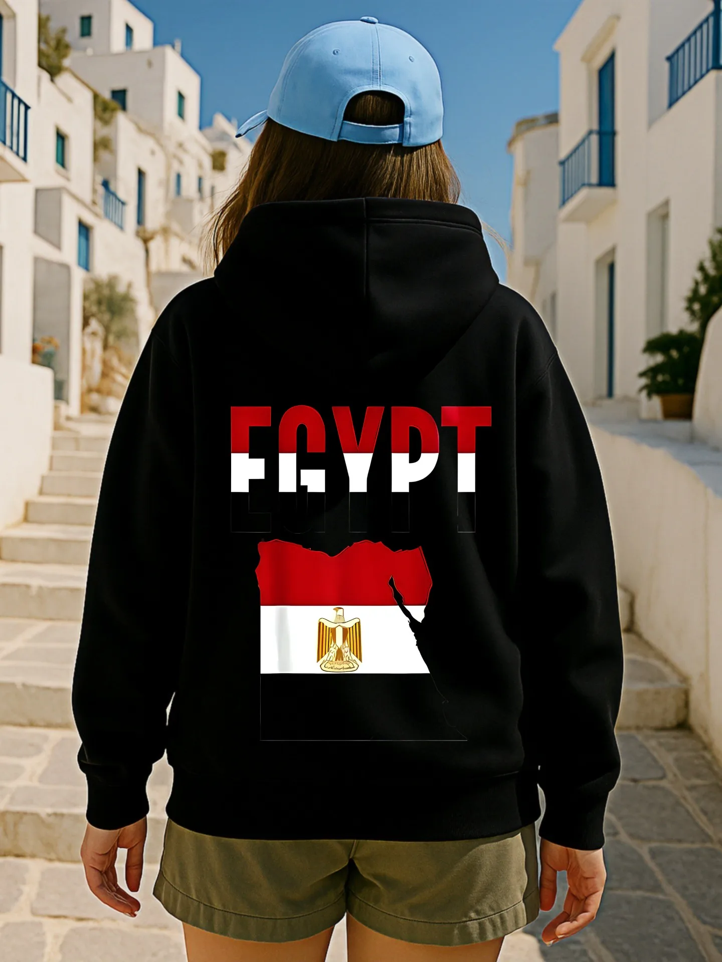 هودي أساسي مطبوع عليه علم مصري، نمط كاجوال لملابس الشارع، مبطن بالصوف، للرجال، ملابس يومية غير رسمية