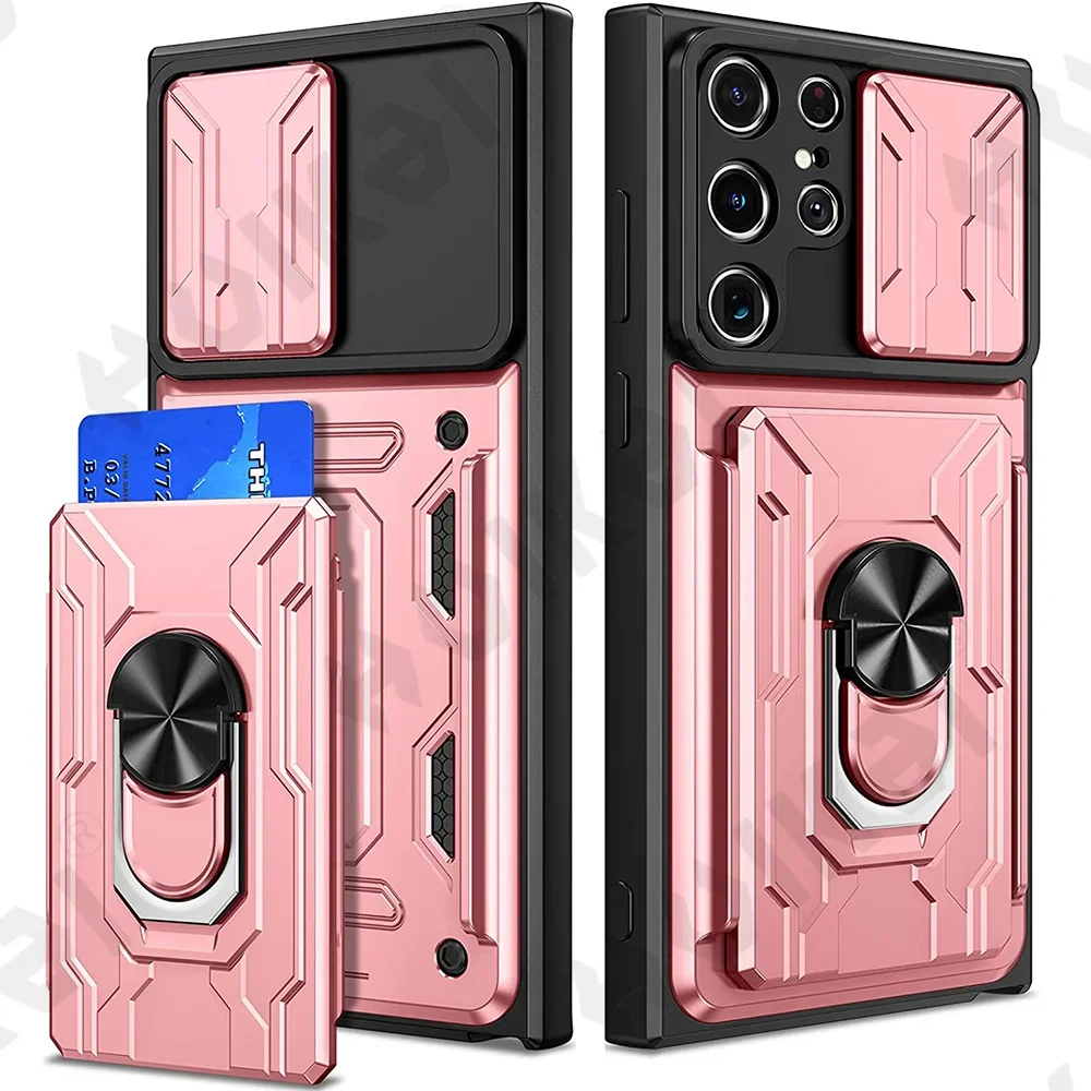 Case For Samsung Galaxy S25 S24 S23 S22 S21 Ultra Plus S20 FE A55 A35 A54 A14 4G 5G Slide Camera Card Holder 360° Ring Cover
