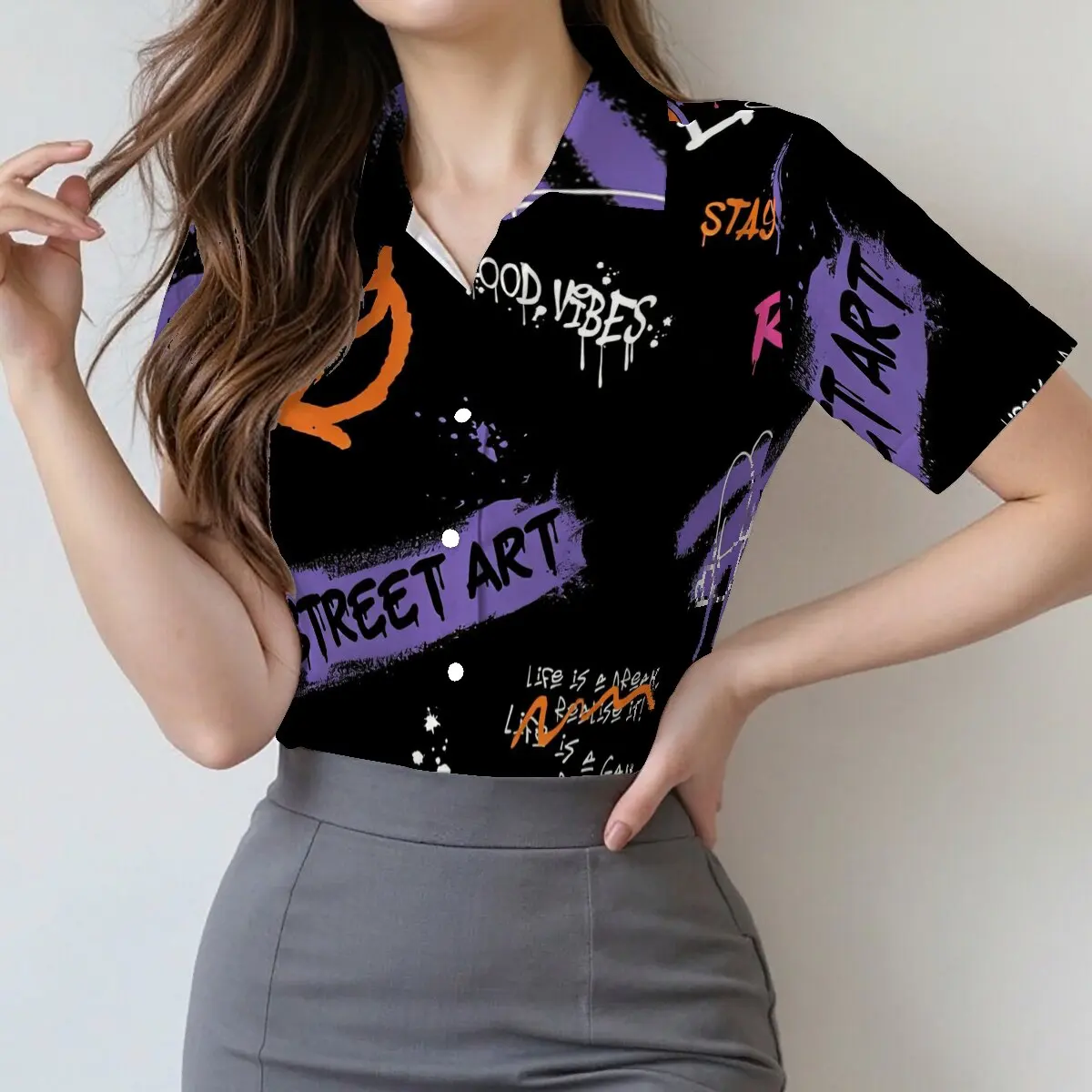 

Summer women's short-sleeve shirt with street graffiti pattern, personalized and casual, versatile for theme parties and leisure